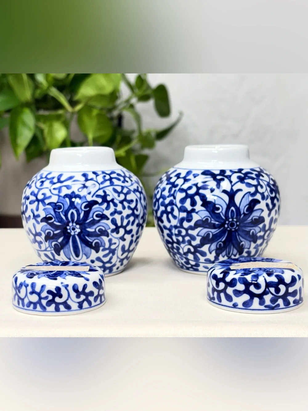 Vintage Miniature Blue and White Ceramic Ginger Jars with lids  Set of 2